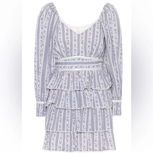 LOVESHACKFANCY Astor Striped Ruffle-Tiered Dress Blue & White Floral Long Sleeve - Picture 3 of 12